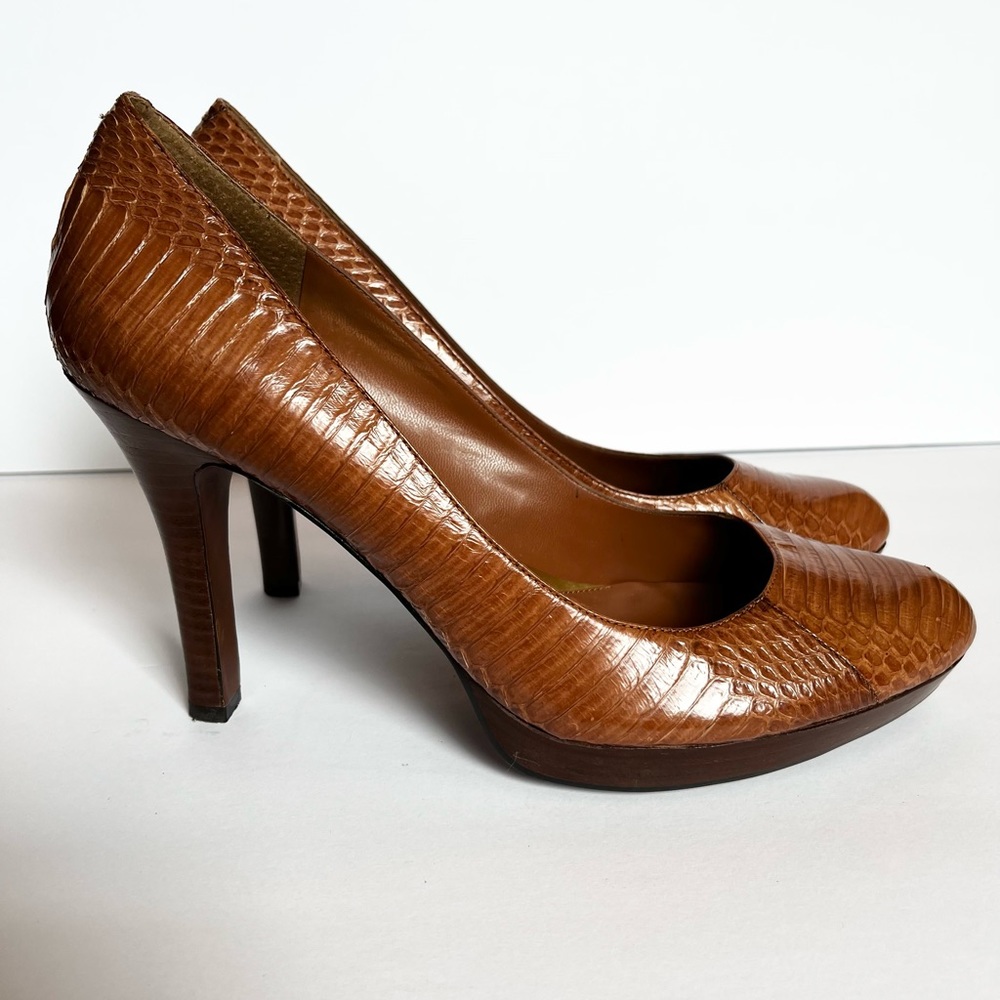 Ralph Lauren Leather Snakeskin Brown 4” Platform Heels Size 10